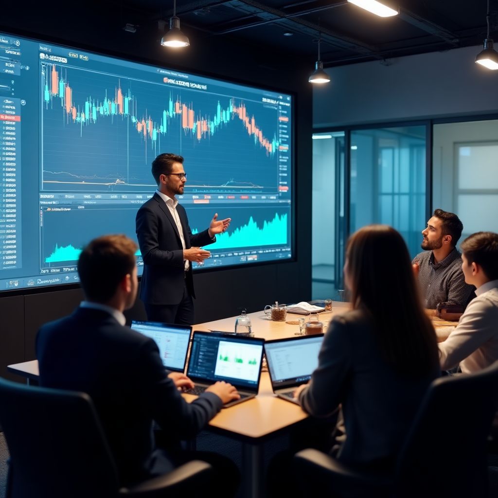 Estudiantes participando en clase interactiva de trading